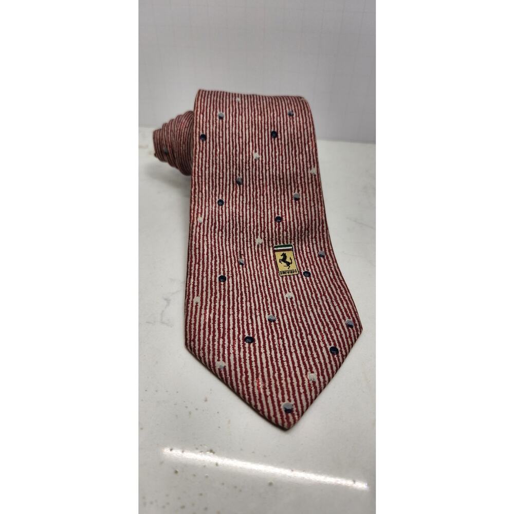 Vintage 1978 FERRARI Striped Red &White Dot Logo men’s silk tie